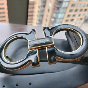 Authentic Salvatore Ferragamo Men's Gancini Belt - Black & Gold